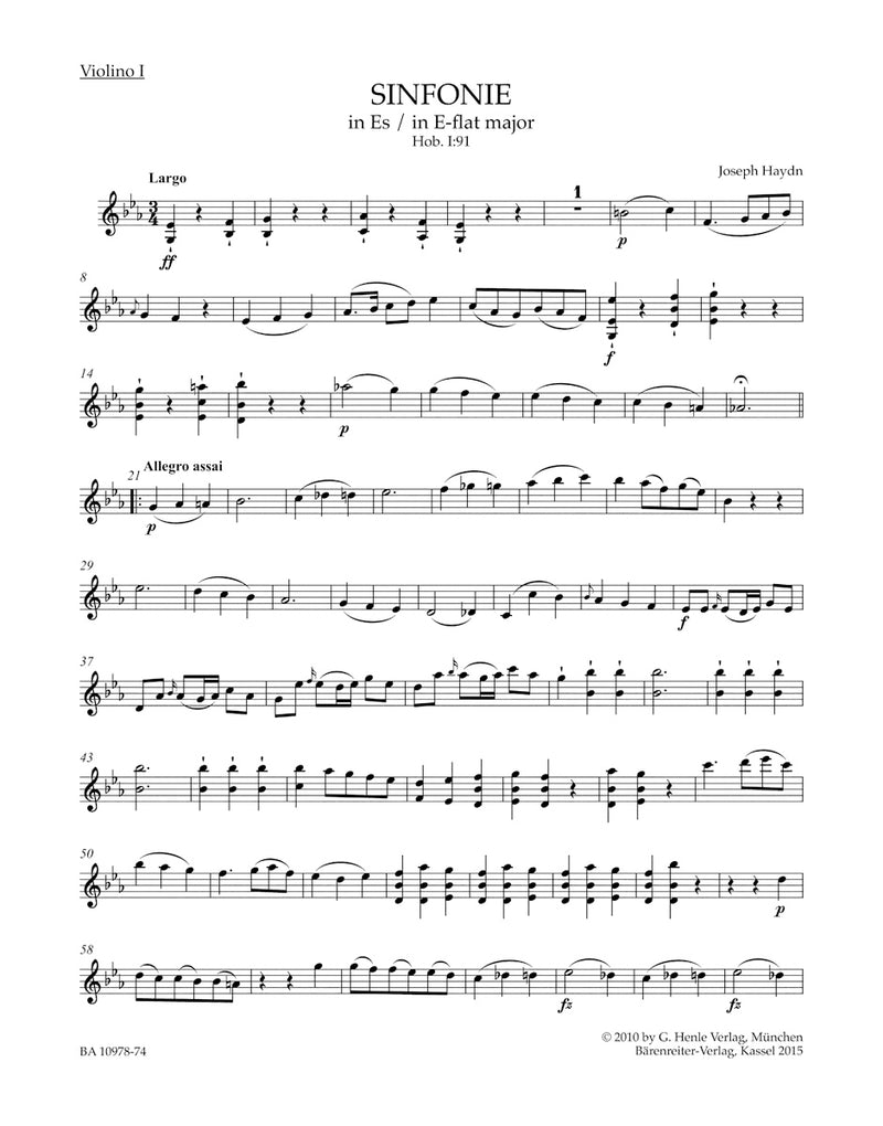 Symphony Nr. 91 E-flat major Hob. I:91 [violin 1 part]