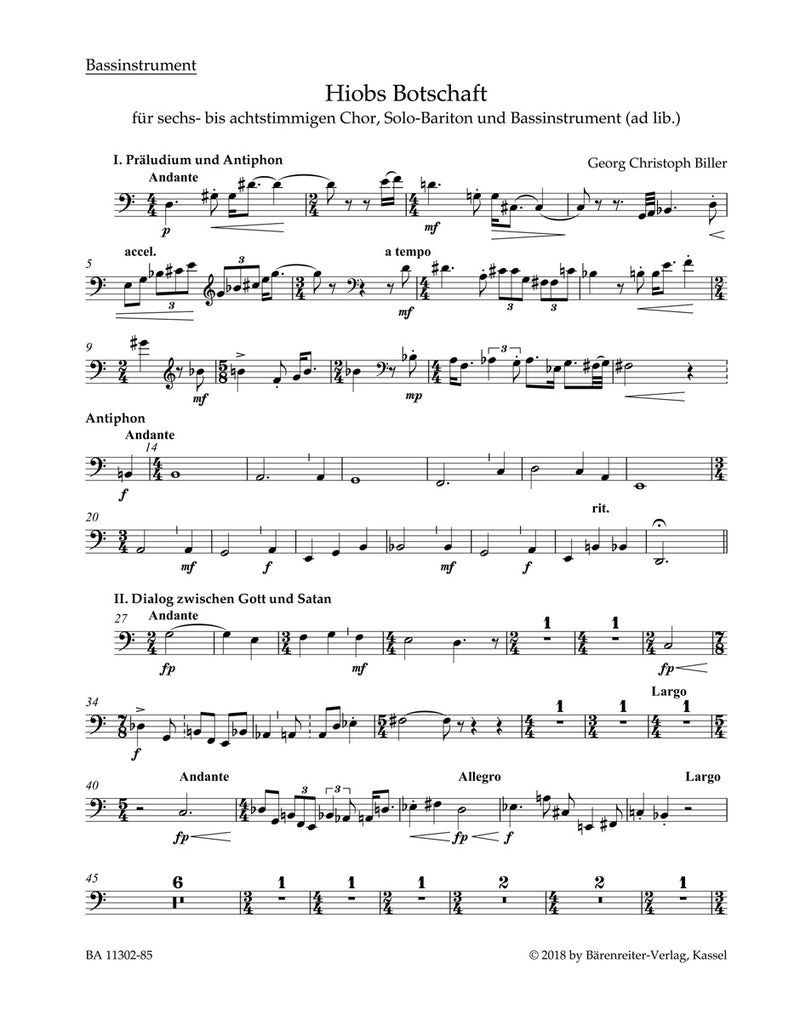 Hiobs Botschaft for Solo Baritone, Mixed Choir and Bass Instrument ab libitum [Instrumental Bass part]