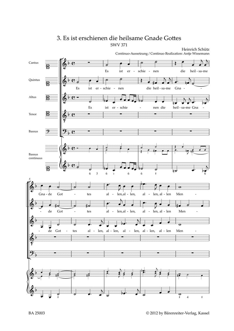 Es ist erschienen die heilsame Gnade Gottes SWV 371（Breig校訂） [合唱楽譜]