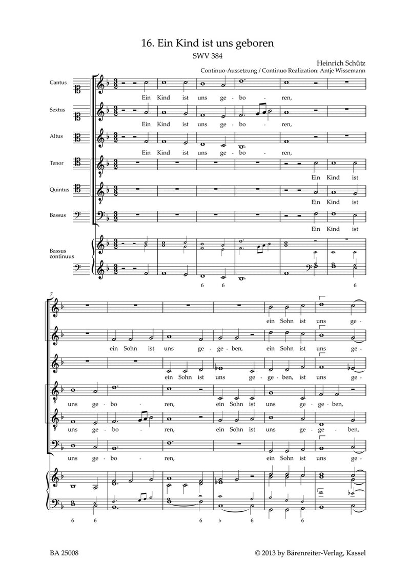 Ein Kind ist uns geboren SWV 384（Breig校訂） [合唱楽譜]