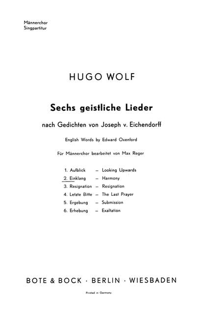 Sechs geistliche Lieder, No. 2 Harmony (men's choir (TTBB) a cappella)