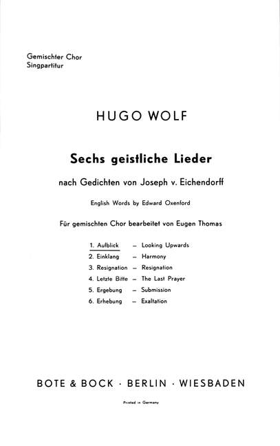 Sechs geistliche Lieder, No. 1 Looking Upwards (mixed choir (SATB) a cappella)