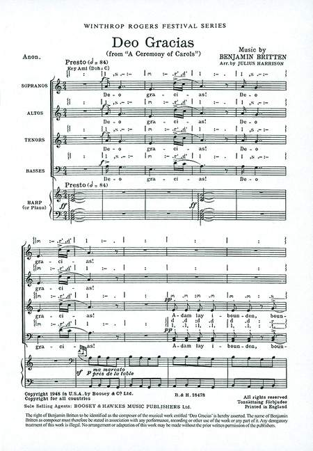 A Ceremony of Carols op. 28, Deo Gracias (SATB & harp (piano))