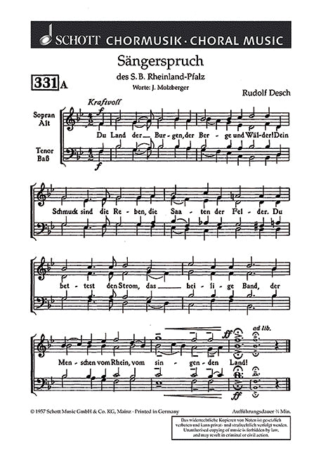 Sängerspruch des SB Rheinland-Pfalz / Begrüßung der Sänger (choral score)