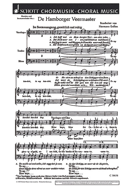Drei Shanties und Seemannslieder, 1. De Hamborger Veermaster (choral score)