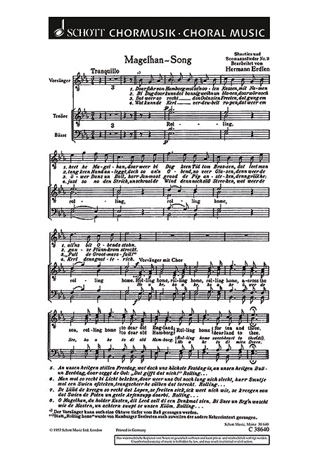 Drei Shanties und Seemannslieder, 2. Magelhan-Song (choral score)