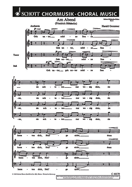 Sieben Hölderlin-Chöre GeWV 40, 6. Am Abend Geh unter, schöne Sonne