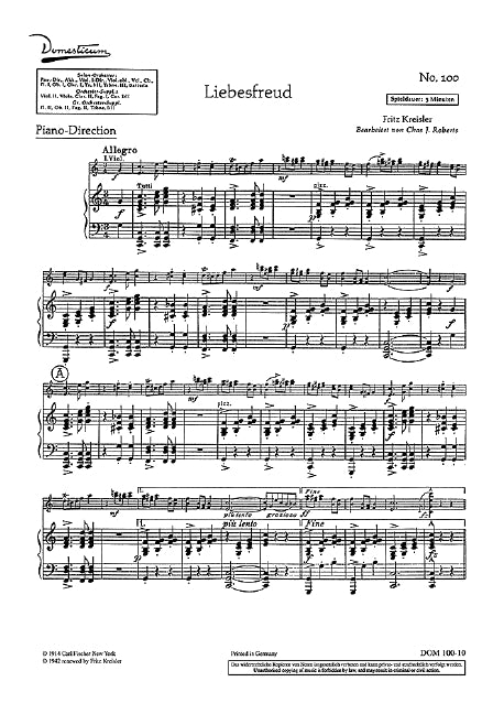 Liebesfreud, arr. Salon Orchestra (piano score)