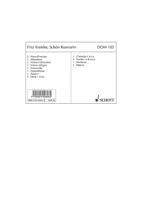 Schön Rosmarin, Salon Orchestra (piano score and parts)