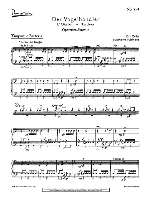 Der Vogelhändler, arr. Salon Orchestra (piano score and parts)