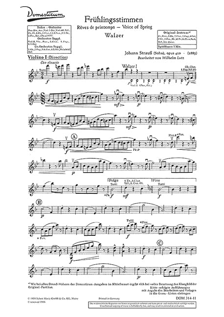 Frühlingsstimmen op. 410, arr. Salon Orchestra (Violin I part)