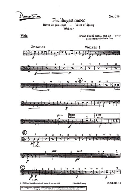 Frühlingsstimmen op. 410, arr. Salon Orchestra (Viola part)