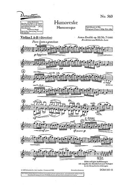 Humoreske / Zigeunerlied op. 101/7 und 55/4, arr. Salon Orchestra (Violin I A/B part)