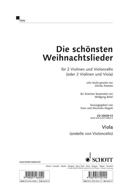 Die schönsten Weihnachtslieder (2 violins and cello) [Viola (instead of Cello) part]