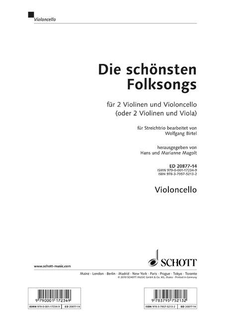 Die schönsten Folksongs (2 violins and cello (viola)) [cello part]