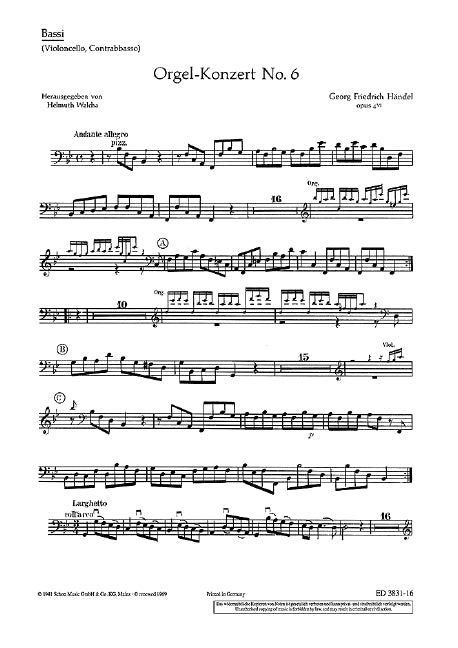Organ concerto No. 6 B-flat major op. 4/6 HWV 294 [Bassi part]