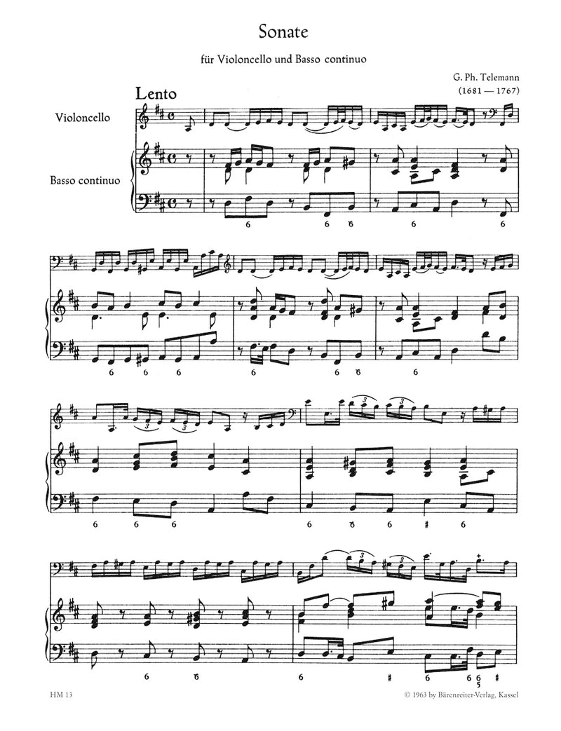 Sonata in D major for Cello and Basso continuo TWV 41:D6 [score, part(s)]
