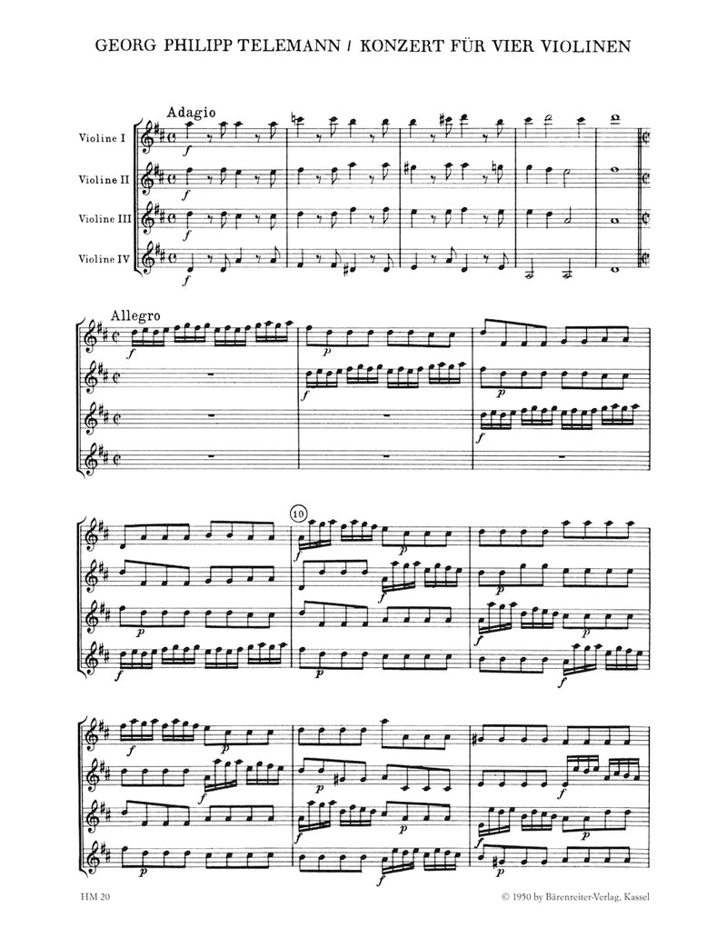 Concerto for 4 Violins without Bc D major TWV 40:202 [score & parts]