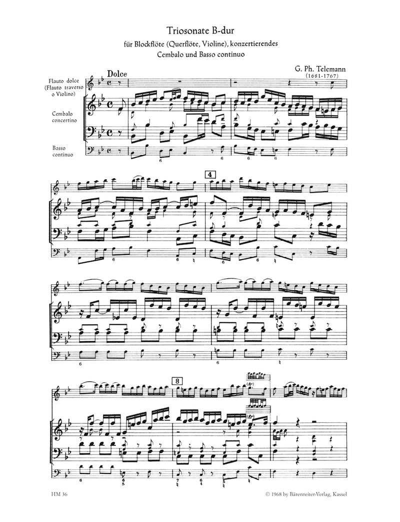 Triosonate für Blockflöte (Flöte, Violine), konzertierendes Cembalo (Klavier) und Basso continuo B-Dur TWV 42:B4