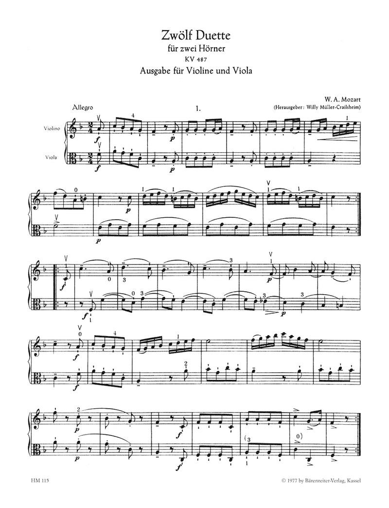 12 Duets for violin and viola, K. 487