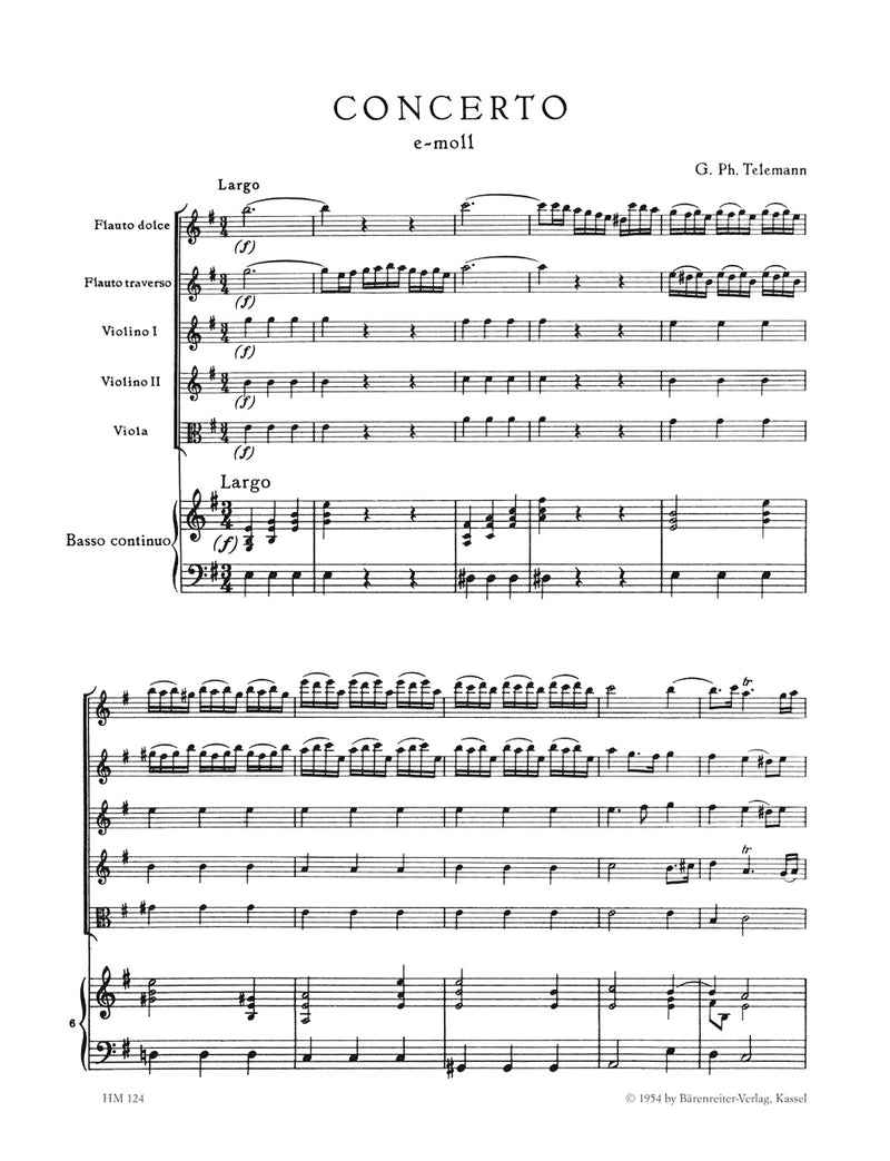 Konzert für Treble Recorder, Flöte, Streicher und Basso continuo e-Moll TWV 52:e1 [score]