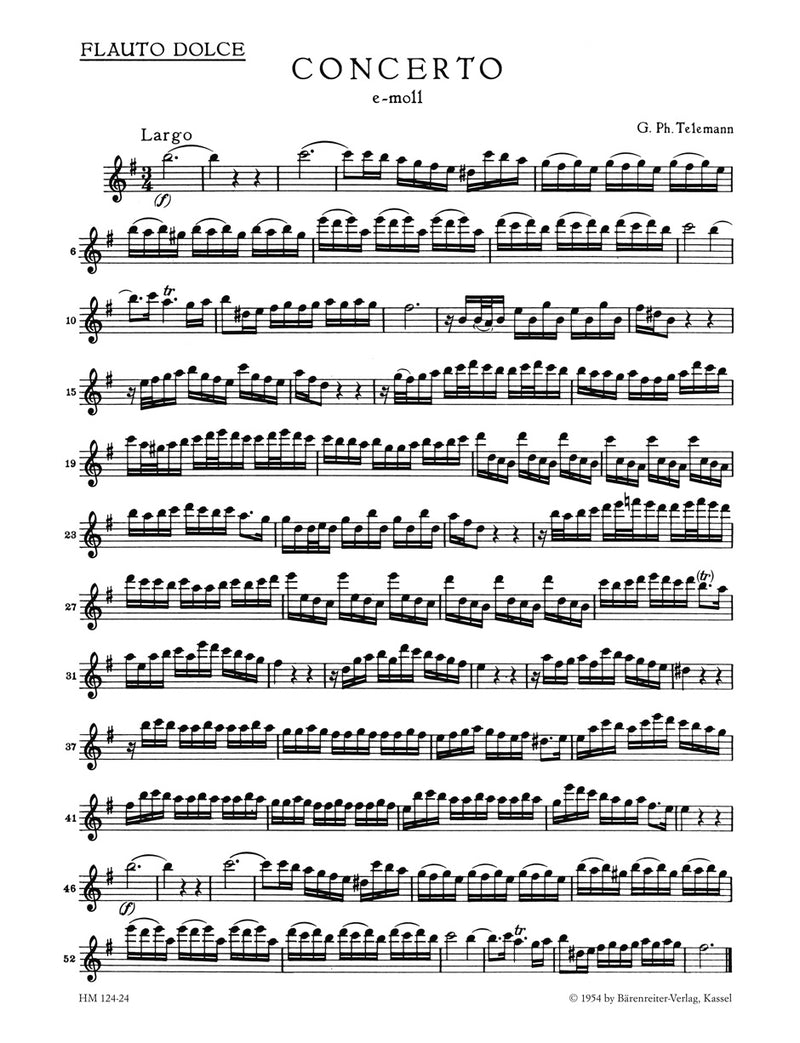 Konzert für Treble Recorder, Flöte, Streicher und Basso continuo e-Moll TWV 52:e1 [alto recorder part]