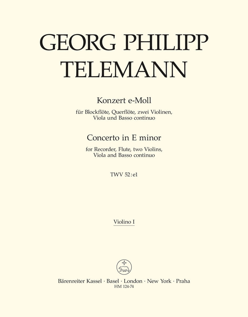 Konzert für Treble Recorder, Flöte, Streicher und Basso continuo e-Moll TWV 52:e1 [violin 1 part]