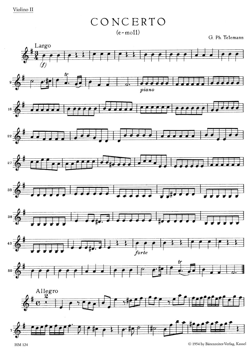 Konzert für Treble Recorder, Flöte, Streicher und Basso continuo e-Moll TWV 52:e1 [violin 2 part]