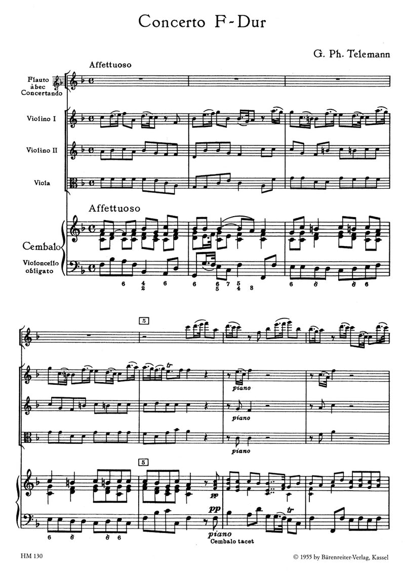 Konzert für Treble Recorder, Streicher und Basso continuo F-Dur [score]