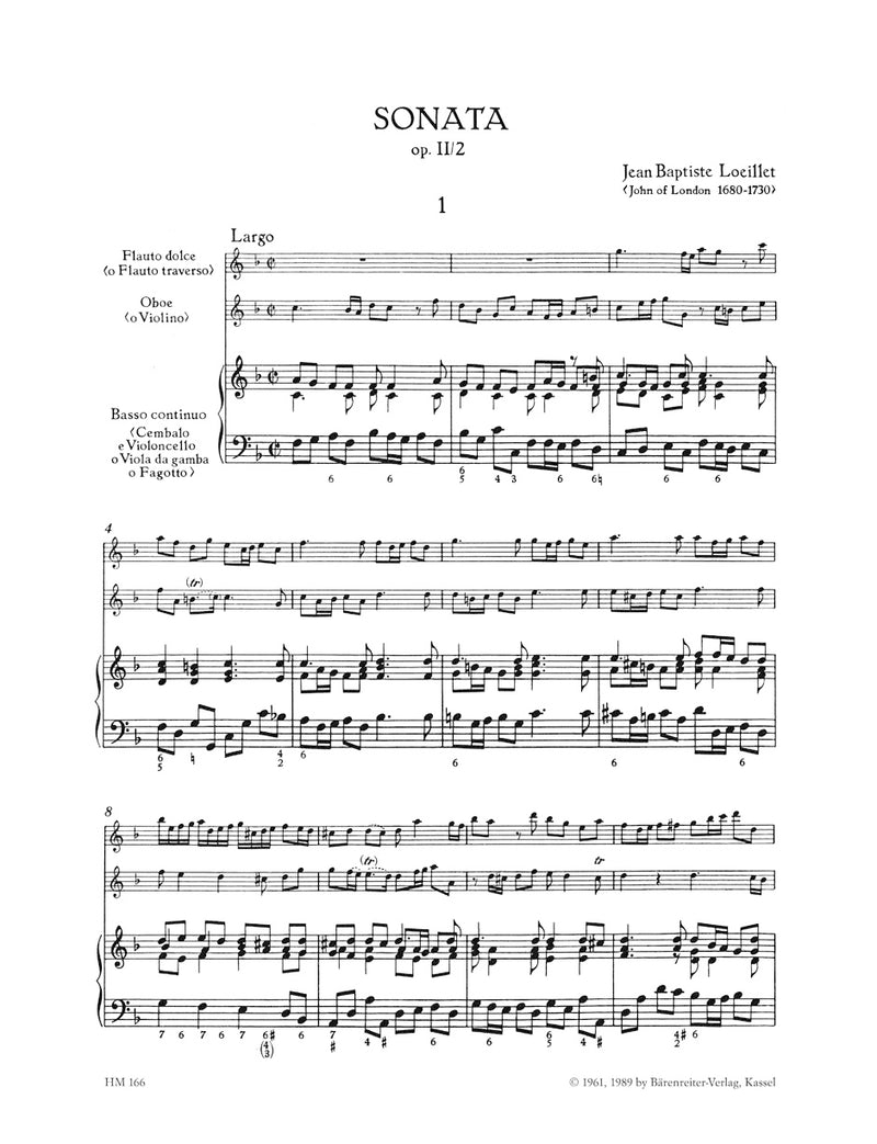 Triosonate für Altblockflöte (Flute), Oboe (Violine) und Basso continuo F-Dur op. 2/2