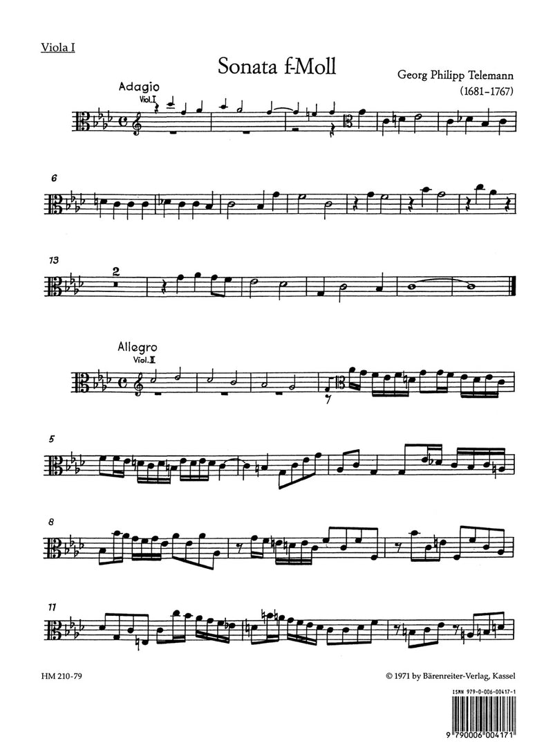 Sonata for 2 Violins, 2 Violas, Cello and Basso continuo F minor TWV 44:32 [viola1 part]