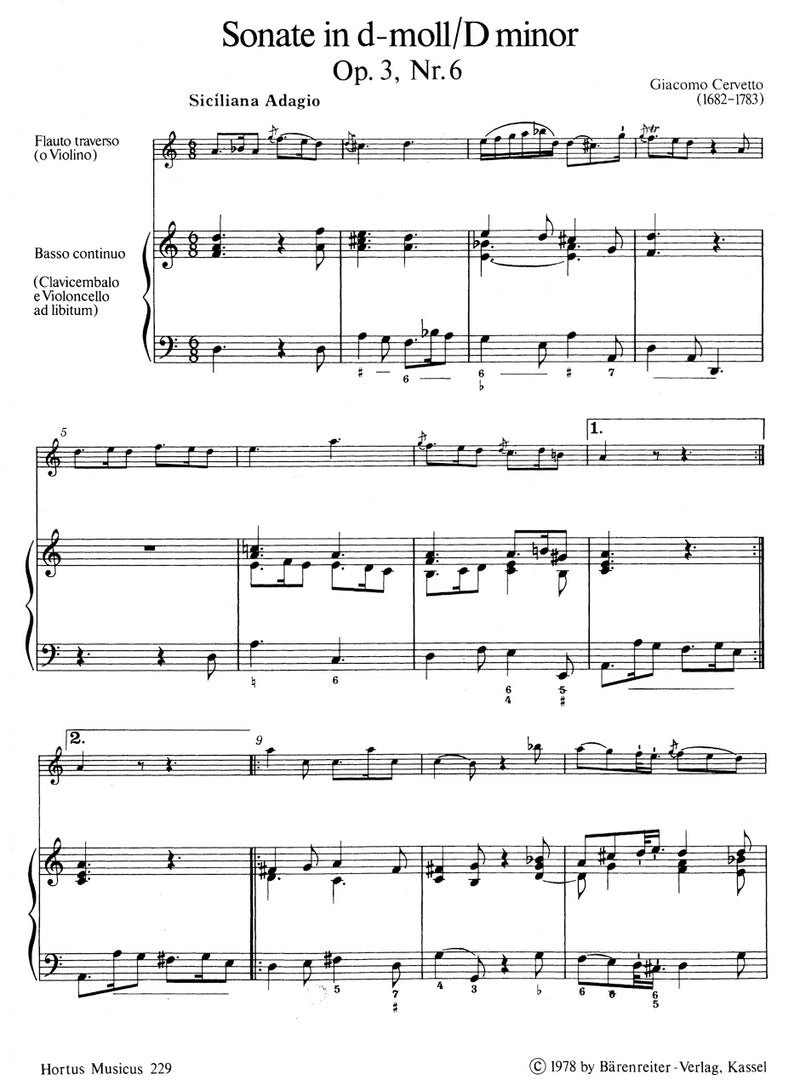 Sonate für Flöte (Violine) und Basso continuo d-Moll op. 3/6