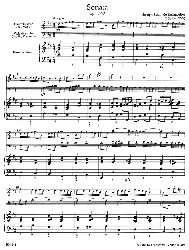 Sonata for Flute (Oboe, Violin), Viola da gamba (Bassoon, Cello) and Basso continuo D major op. 37/3