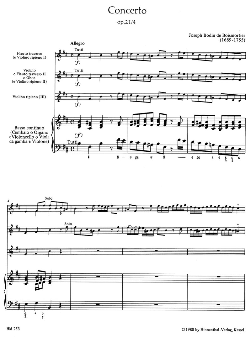 Concerto für 2 Soloinstrumente (Flöte, Violine - Flöte, Oboe - 2 Flöten), 3 Violinen und Basso continuo h-Moll op. 21/4  [Performance score, set of parts]
