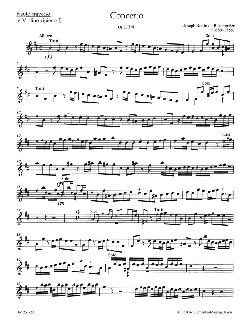 Concerto für 2 Soloinstrumente (Flöte, Violine - Flöte, Oboe - 2 Flöten), 3 Violinen und Basso continuo h-Moll op. 21/4 [flute/violin 1(ripieno) part]