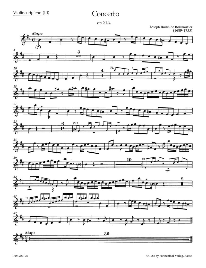 Concerto für 2 Soloinstrumente (Flöte, Violine - Flöte, Oboe - 2 Flöten), 3 Violinen und Basso continuo h-Moll op. 21/4 [violin 3(ripieno) part]