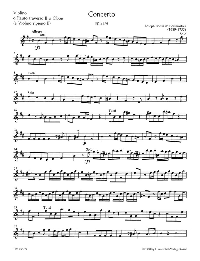Concerto für 2 Soloinstrumente (Flöte, Violine - Flöte, Oboe - 2 Flöten), 3 Violinen und Basso continuo h-Moll op. 21/4 [violin solo(flute 2/Ob)/violin 2(ripieno) part]