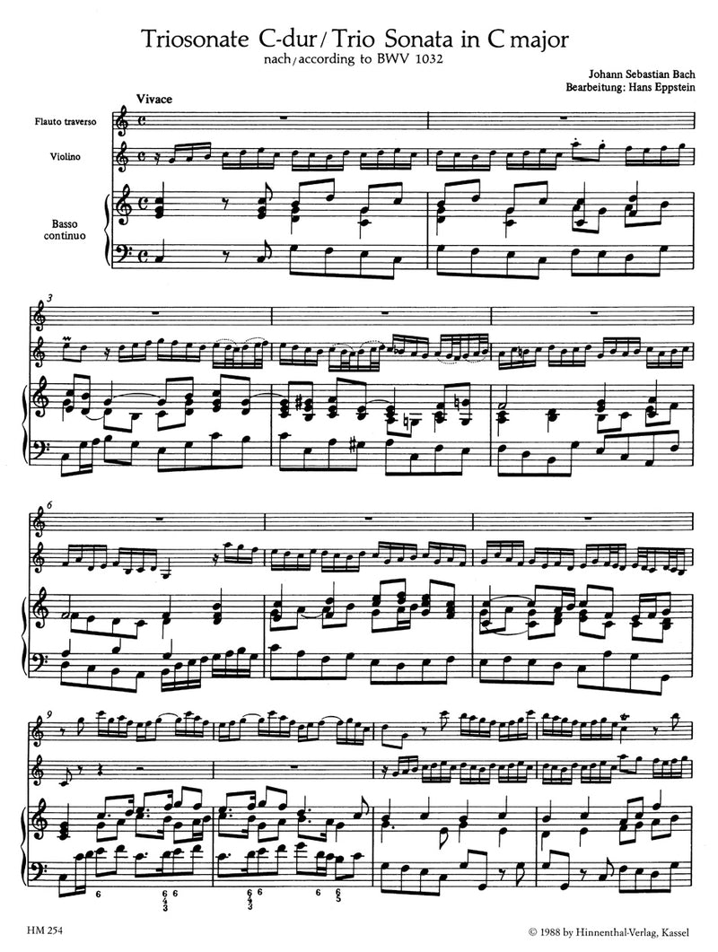 Trio Sonata for Flute, Violin and Basso continuo C major (according to the Sonata in A major BWV 1032)