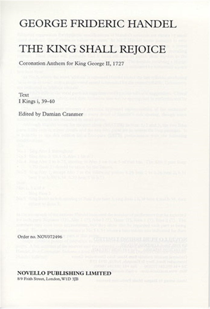 The King Shall Rejoice (ed. Cranmer, Vocal Score)