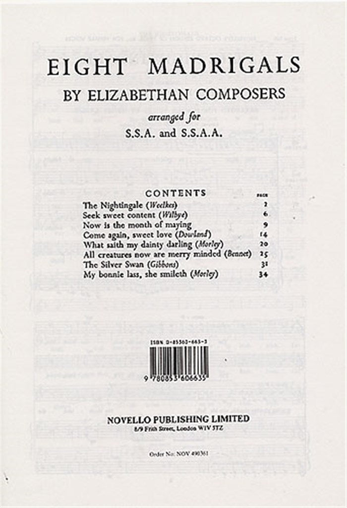 Eight Madrigals By Elizabethan Composers