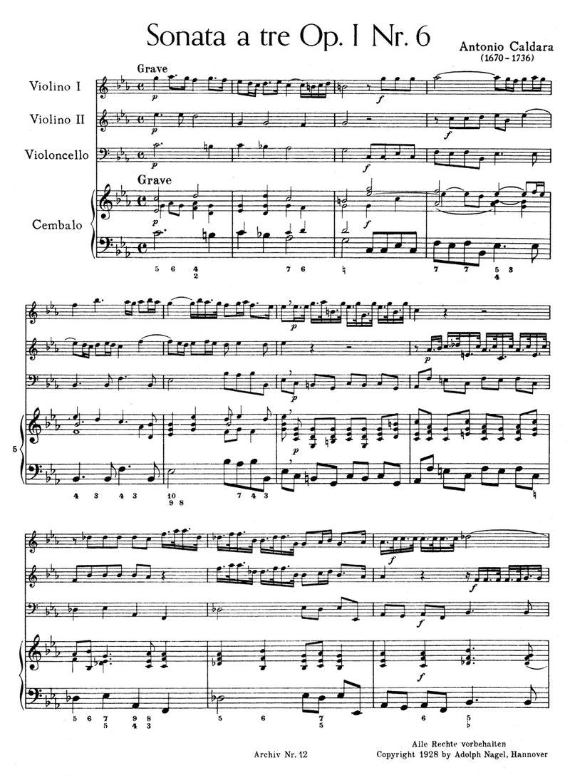Sonate für 2 Violinen, Violoncello und Basso continuo c-Moll op. 1/6 -Violoncello meist Basso continuo-