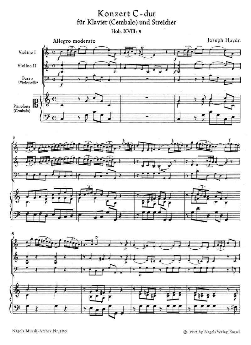 Concerto in C major for Piano (harpsichord) and Strings (without Viola) XVIII:5 [score & parts]