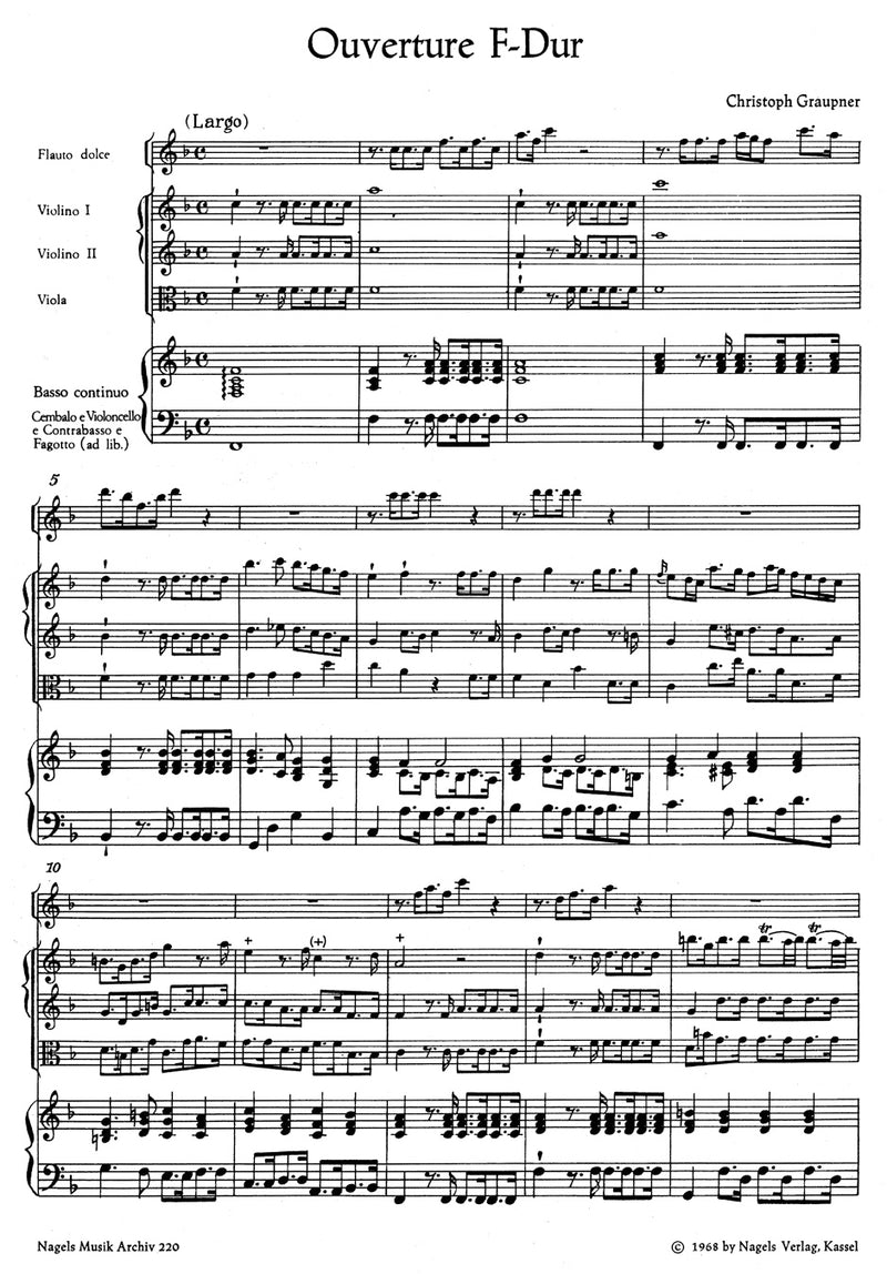 Ouvertüre für Treble Recorder, Streicher und Basso continuo F-Dur [score]