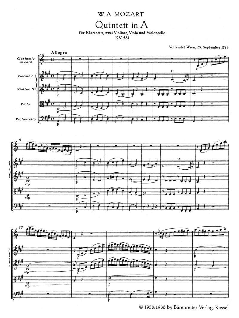 Quintet for Clarinet, two Violins, Viola and Violoncello A major K. 581 "Stadler Quintet"（ポケットスコア）