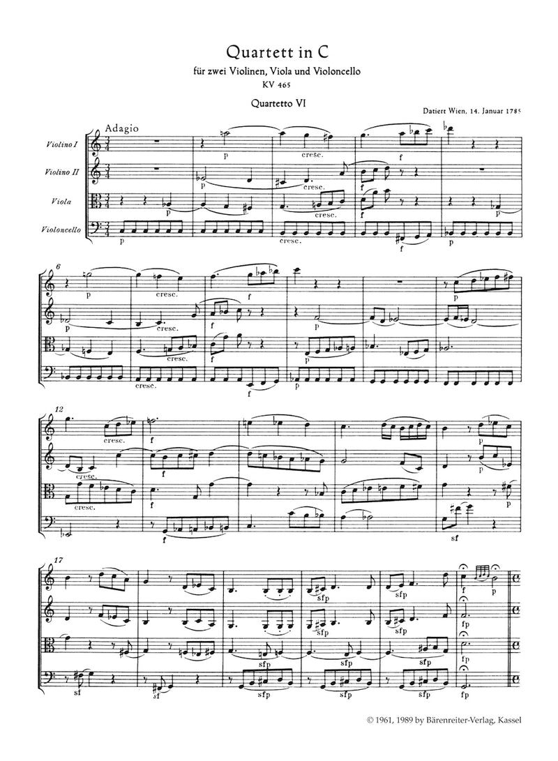 String Quartet C-Dur K. 465 "Dissonanzen-Quartett"（ポケットスコア）