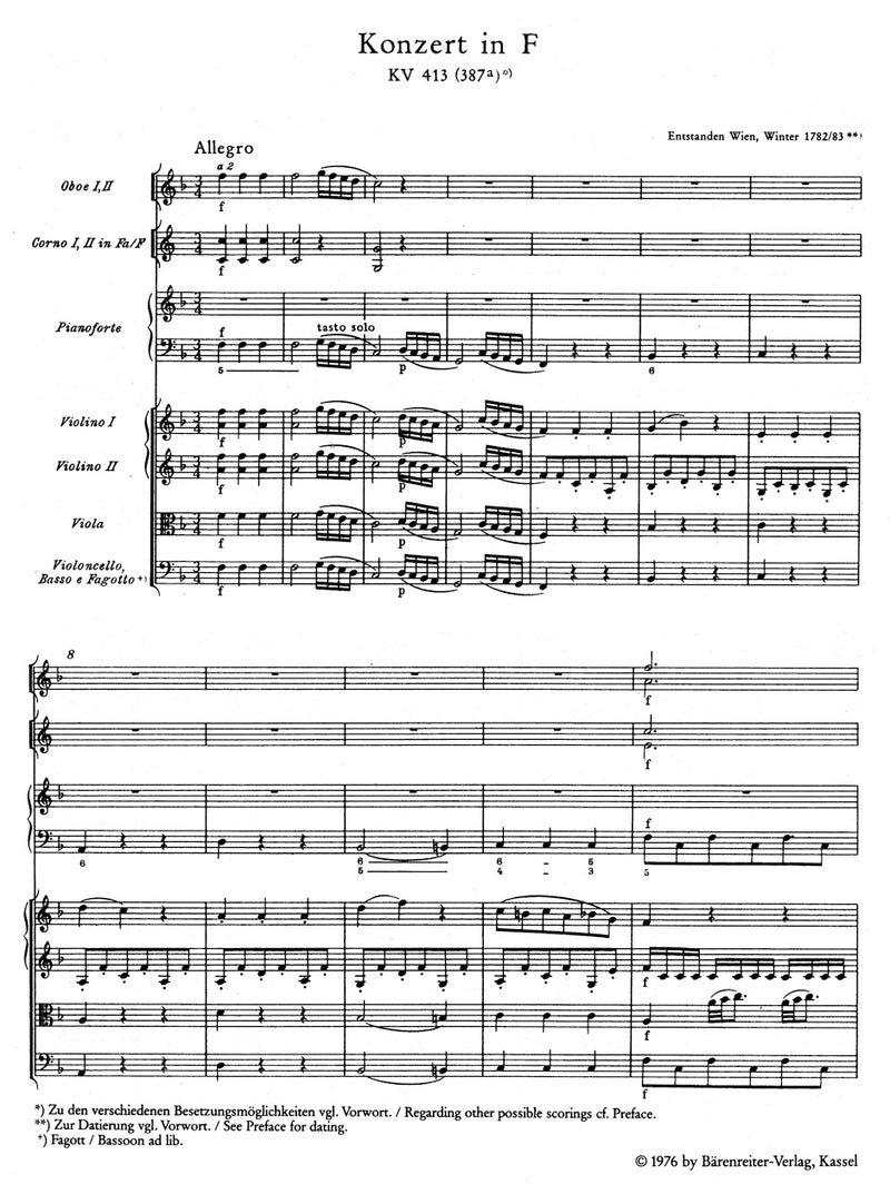Concerto for Piano and Orchestra Nr. 11 F major K. 413(387a)（ポケットスコア）