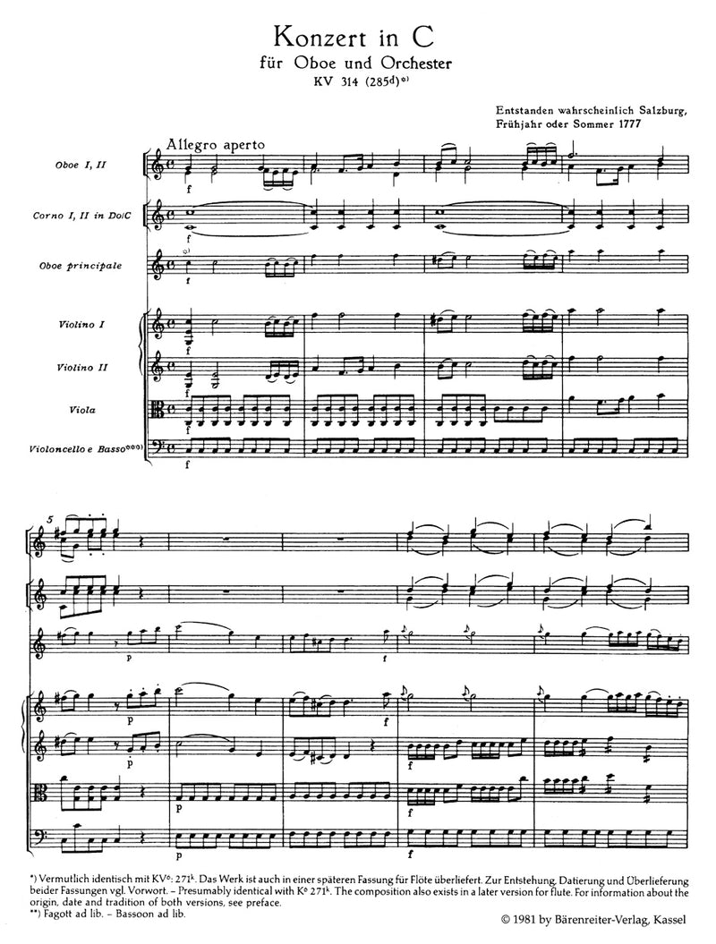 Concerto for Oboe and Orchestra C major K. 314 (285d)（ポケットスコア）