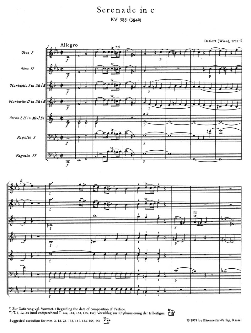 Serenade for two Oboes, two Clarinets, two Horns and two Bassoons C minor K. 388 (384a)（ポケットスコア）
