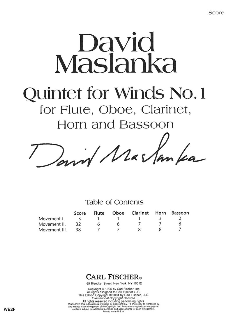 Quintet for Winds No. 1 (Score Only)
