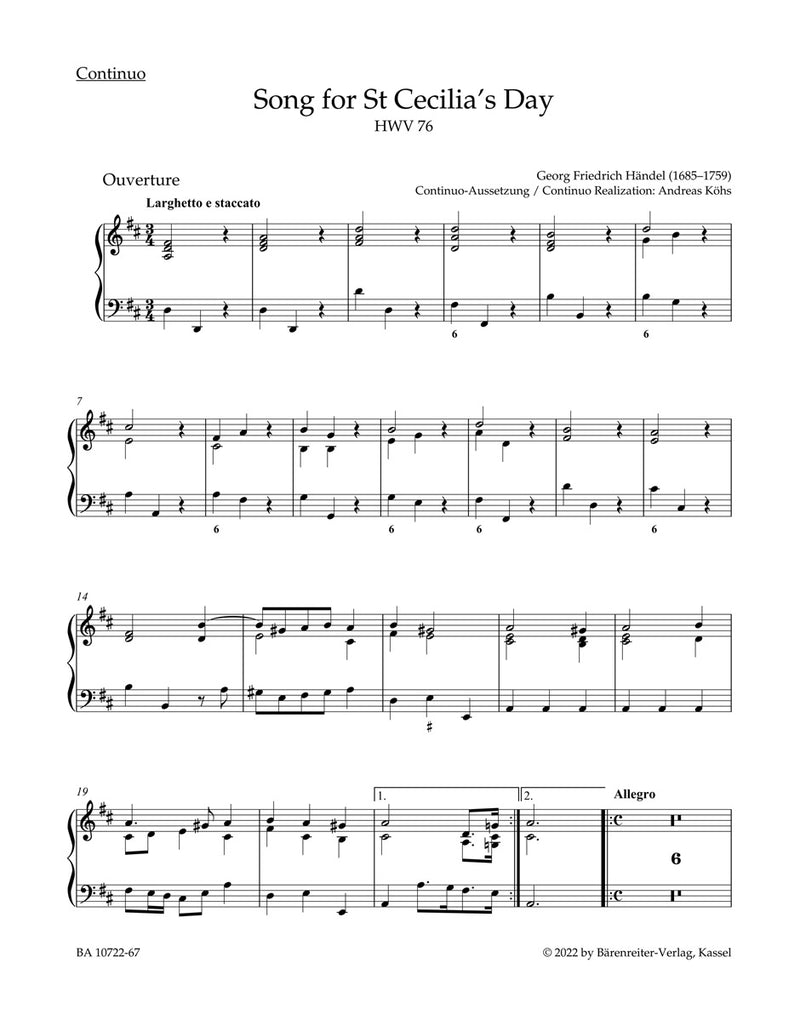 Song for St. Cecilia's Day (Ode for St. Cecilia's Day), HWV 76（Organ part）